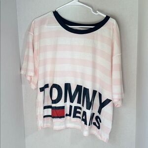 Tommy jeans pink and white striped cropped top size XXL